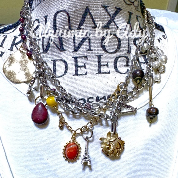 Red turquoise layered silver statement multi charms bohemian necklace